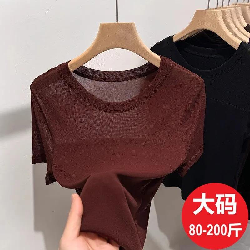 Женская прозрачная сетчатая футболка с коротким рукавом, облегающая, с круглым вырезом, полупрозрачная, базовая майка