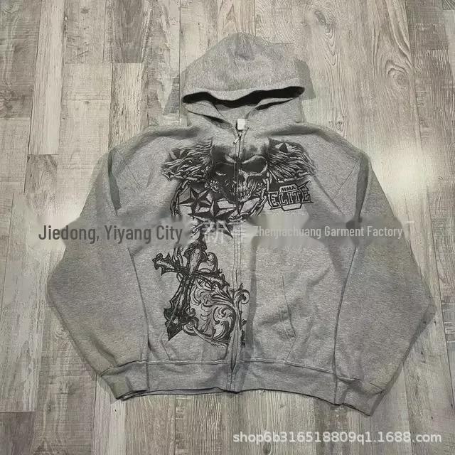 «Унисекс-кардиган с капюшоном на молнии со скелетом — принт в стиле «Американский ретро»»