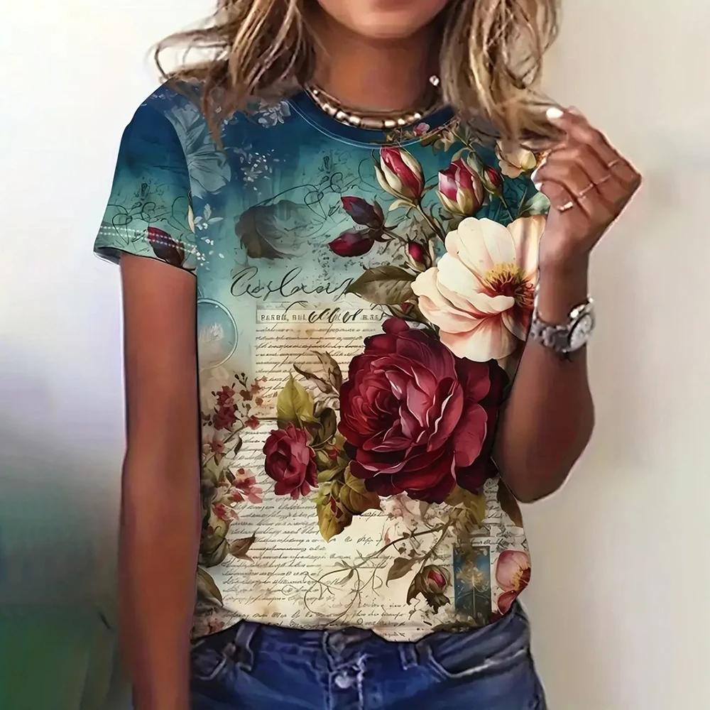 Vintage Women's T-shirts Three-Dimensional Rose Pattern Short Sleeves T Shirt Top Summer Y2K Women Clothing Crew Neck Pullover