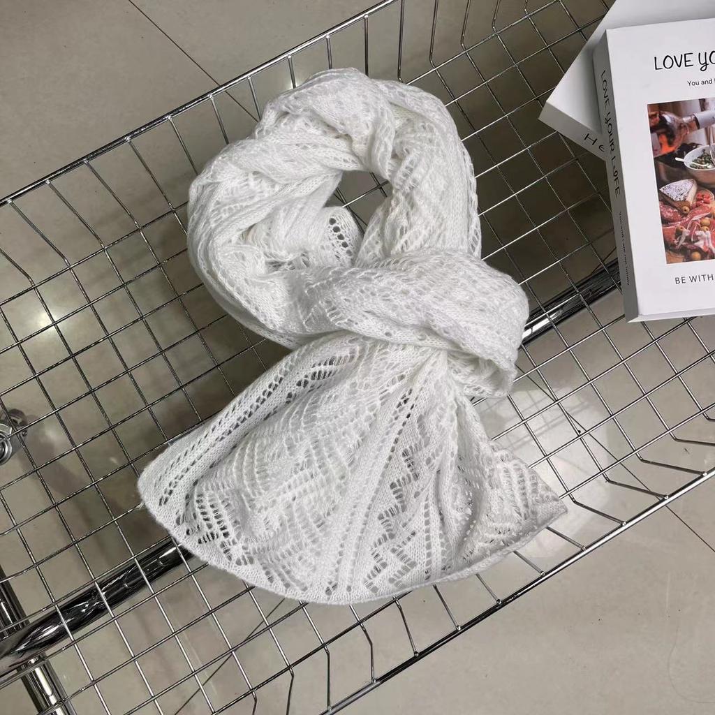 New Hollow Solid Color Knitted Scarf for Women Autumn and Winter Hollow Warm Scarf Versatile Retro Scarf