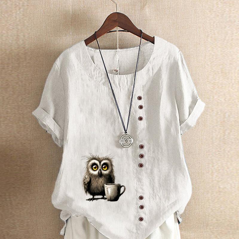 Women's Fashion Owl Prined Short Sleeve T-shirt Loose Cotton Shirt Casual Loose Summer Blouse Plus Size Tops