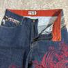 Used Karakuri Tamashii Ryugi Denim Dragon Japanese Pattern Embroidery Red Leather Patch Size 32