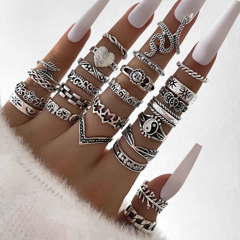 European and American 25-piece Ring Set, Snake Elephant Dripping Oil Gossip Love Leaves Small Flowers Geometric Joint Ring Female