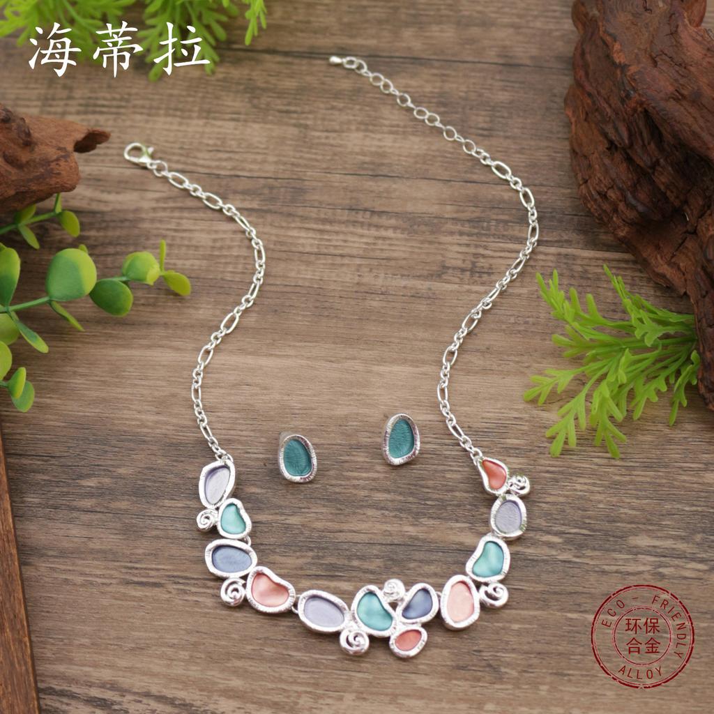 Новый набор овальных серег-гвоздиков и ожерелья с эмалью, женские простые и универсальные геометрические овальные серьги-гвоздики и ожерелье