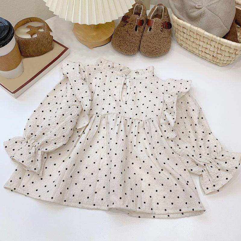 Детские топы для девочек, рубашка принцессы с длинными рукавами и воротником-стойкой в ​​горошек