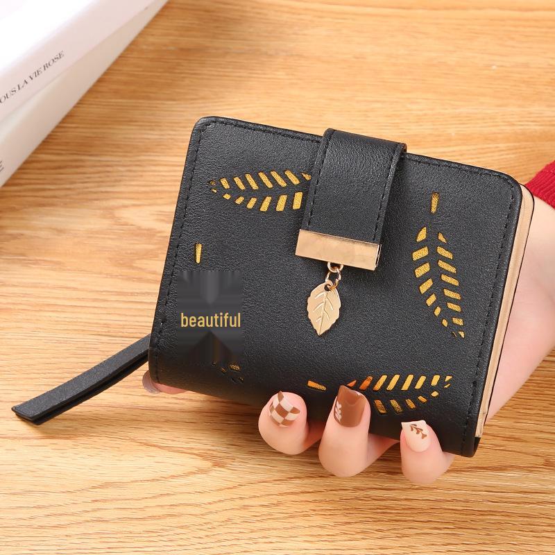 Женский корейский стиль кошелек-портмоне с листом, двойного сложения, для монет, с молнией, держатель для карт