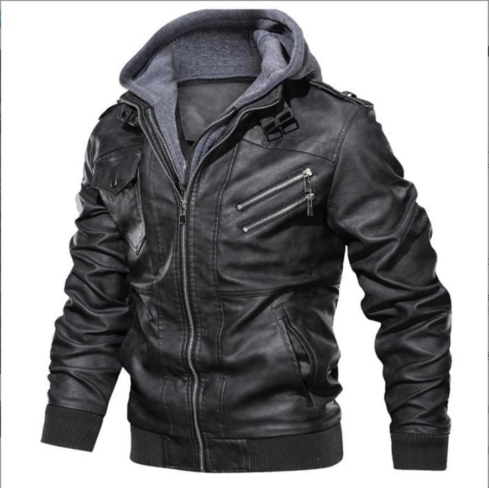 Men's Fall/Winter Double-Decker Trend Locomotive Casual Leather Jacket Hooded Coat Large Size