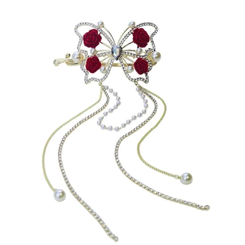Элегантная заколка-зажим с кисточкой в виде бабочки, жемчугом и стразами, корейская версия, минималистичный блестящий и элегантный аксессуар для волос, дизайнерский аксессуар