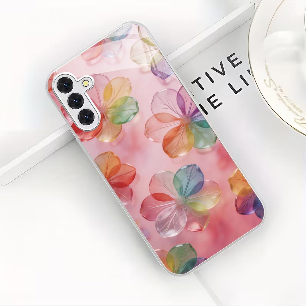 Pink floral patterned glass phone case suitable for Samsung Galaxy S26 S25 S24 S23 S22 S20 FE/Ultra/Plus anti drop back cover