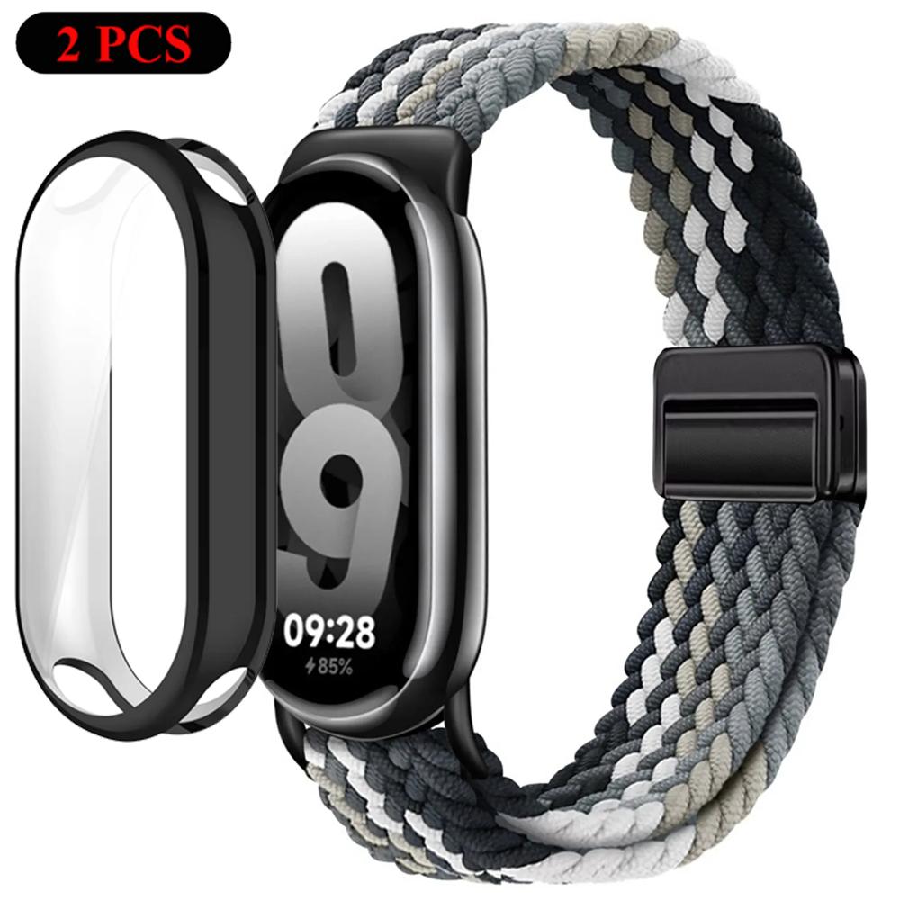 Чехол+Ремешок для Xiaomi Miband 10 9 8 Плетеный Нейлоновый Удобный Браслет Ремешок для Mi Band 10/9/8 NFC Miband 10/9 Керамический Ремень