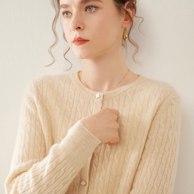Women's Cashmere Cable Knit Round Neck Cardigan - Autumn/Winter Fashion Versatile Style.