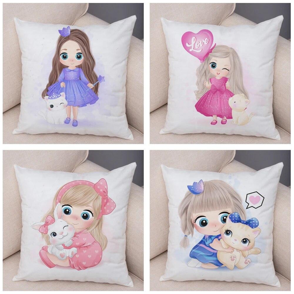 Children's Room Sofa Home Pillowcase Cute Cartoon Girl and Cat  Decoration  Animal Cushion Cover