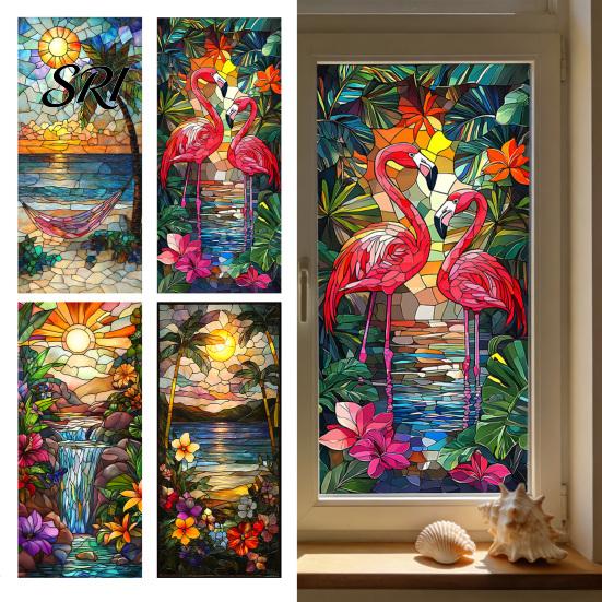 Indoor Outdoor Window Cling Privacy Film Stained Glass Flamingo Tropical Static Clings Heat Control Door Temporary Sticker Covering with Palm