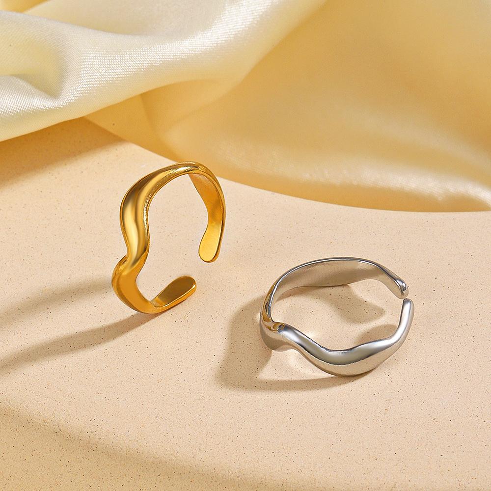 Stainless Steel New Gold Color Creative Handmade Rings for Women Irregular Wave Smooth Engagement Simple Jewelry Adjustable Ring