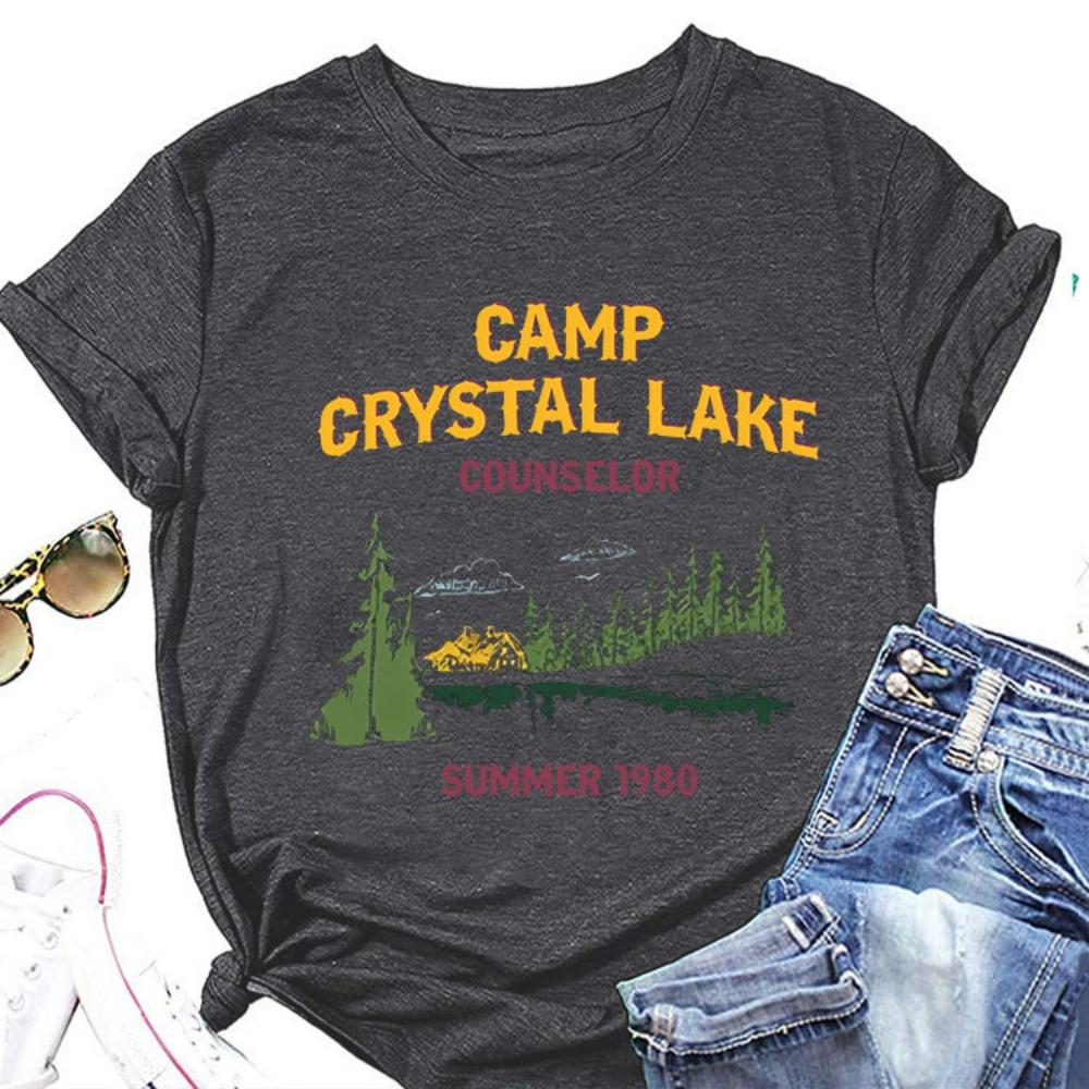 Летняя новая женская футболка с короткими рукавами, с принтом Camp Crystal Lake, свободный крой, круглый вырез, повседневный топ, сочетается со всей модной одеждой