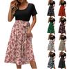 Midi Dresses Women Floral Print Patchwork Dress Short Sleeve Round Neck Comfortable Daily Party Dress