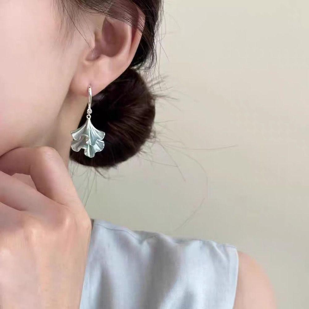 Synthetic Rhinestone Ginkgo Ear Pendant Double-layer Sweet Earrings Jewelry Ginkgo Earrings  Party
