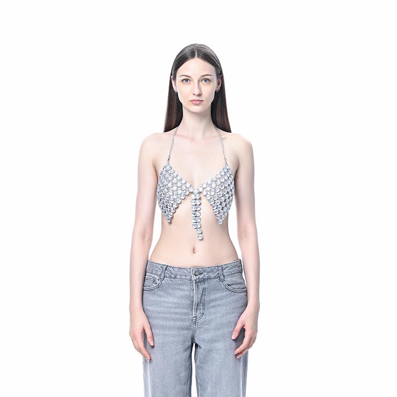 Топ-майка с пайетками, открытой спиной и драгоценными камнями для ночного клуба или пляжной вечеринки