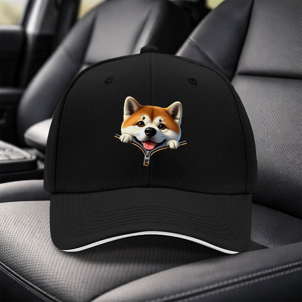 Shiba Inu Baseball Cap with Zipper Sandwich Design Adjustable Duckbill Hat Lightweight Unisex Black Cap