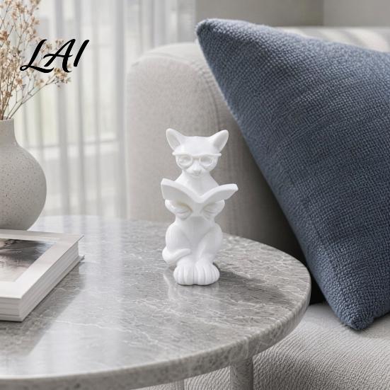Декор стола кошка 3D-печать статуэтка для чтения с книгой и очками фигурка декор современная декоративная скульптура животного для дома офиса белая статуэтка