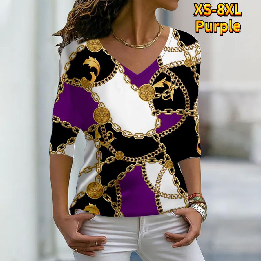 Женские осенние футболки с длинными рукавами с цветочным принтом и золотой цепочкой, свободные футболки с v-образным вырезом, большие размеры, топы, удобная блузка