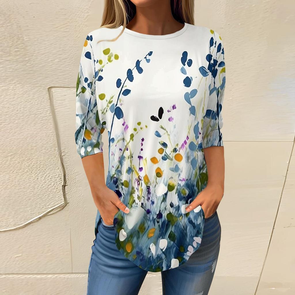 Women's Loose Round Neck Print 3/4 Sleeve T-Shirt Top Pullover
