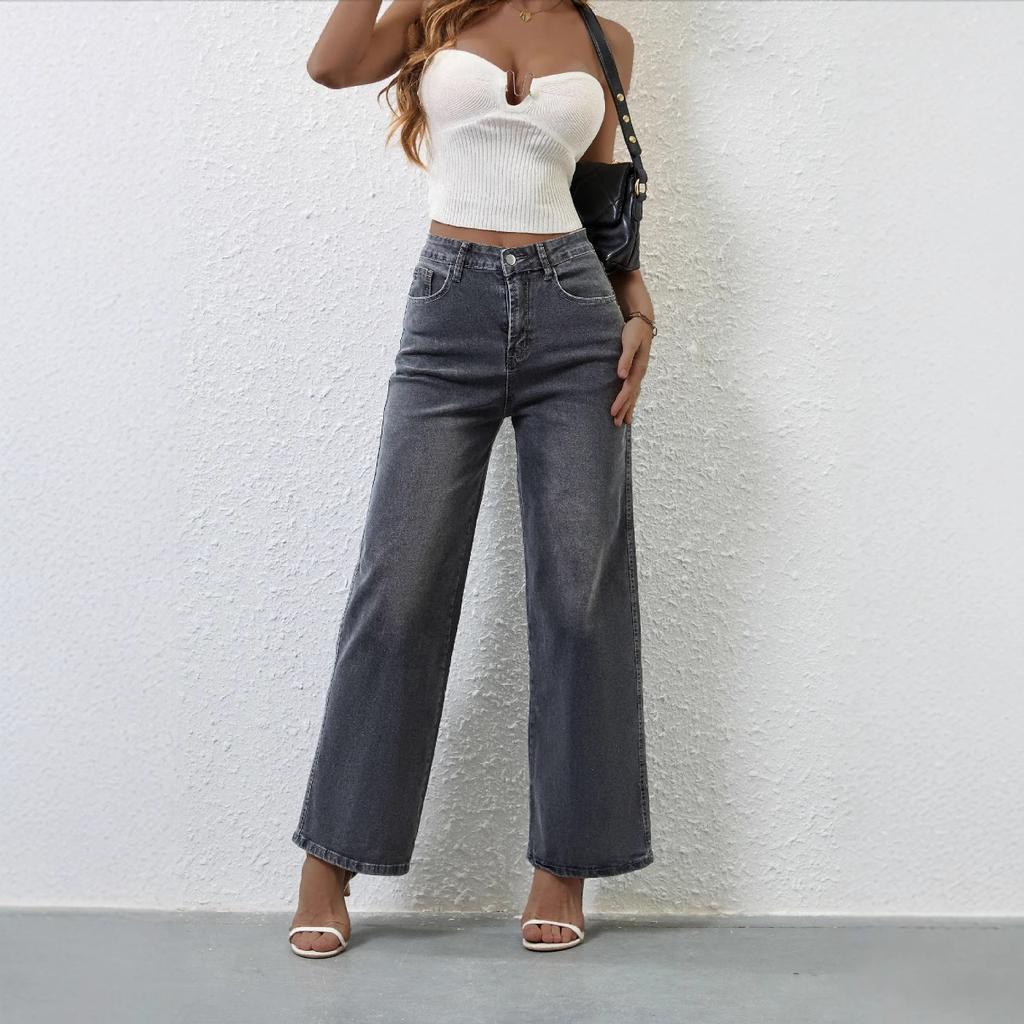 IHUASU Модные повседневные эластичные женские качественные прямые брюки с высокой талией из денима