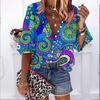 2023 Summer Autumn New Fashion Women's Tops Red Cashew Flowers Printed Half Sleeve Casual Plus Size Button-down Shirt with Bubble Sleeves