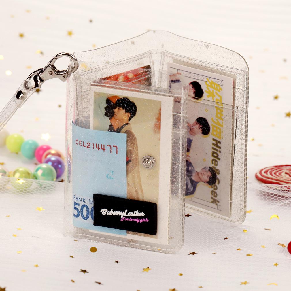 TransparentCard Holder PVC Folding Short Wallet Ins Korean Fashion Women Girl Glitter Business Cards with Lany