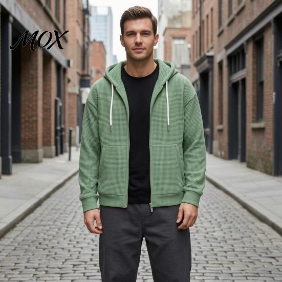 Mens Casual Waffle Jacket Men's Hooded Jacket, Solid Knit Zip Up Hoodie with Adjustable Functional Utility Storage Hood & Pockets, Long Sleeve