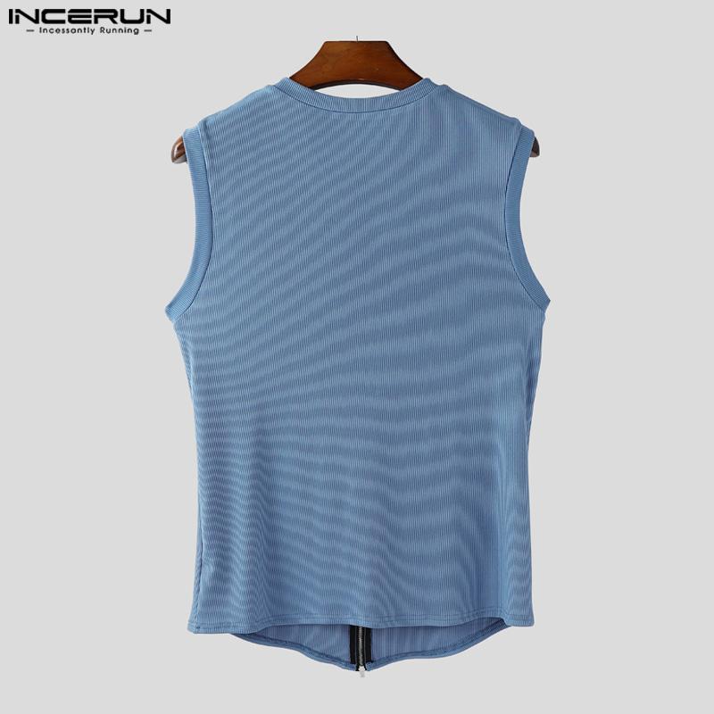 INCERUN Мужские майки без рукавов с V-образным вырезом, однотонные, на молнии, повседневные, в рубчик