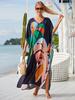 Maxi Dresses Leaf Printed Black Background Women Beach Kaftans Cover Ups for Swimwear Summer Holiday Bathing Suits
