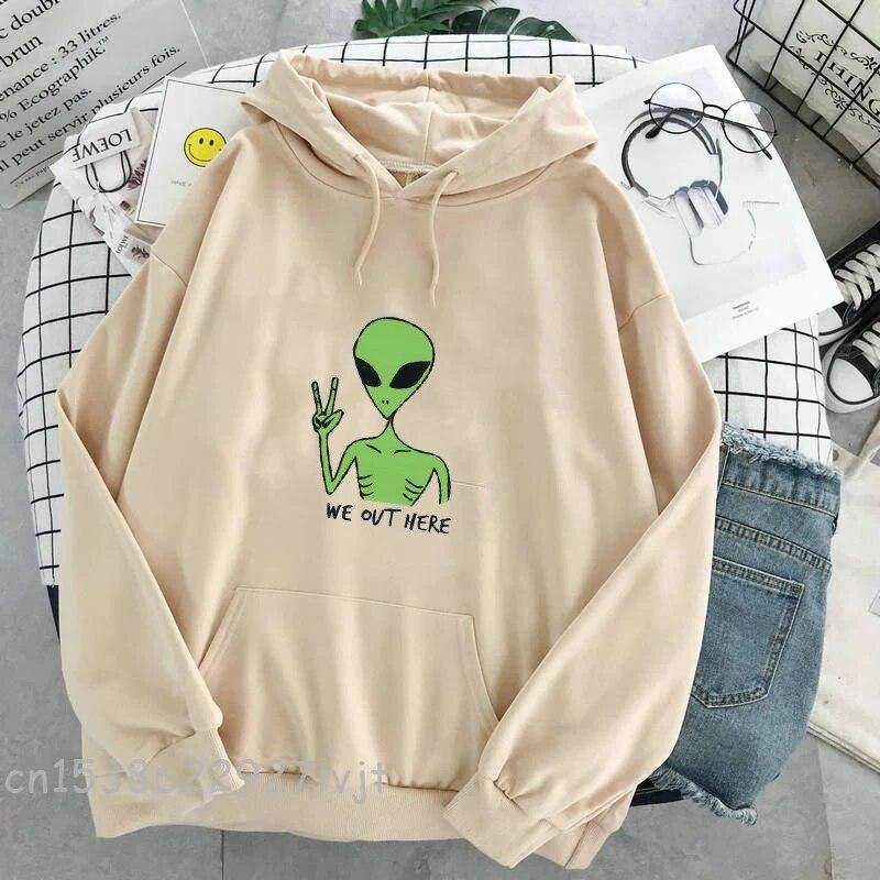 Alien WE OUT HERE Print Oversized Sweatshirt Women Kawaii Hoodies Clothes Hoody Jacket Long Sleeve Harajuku Aesthetic Tops Unisex Hoodie