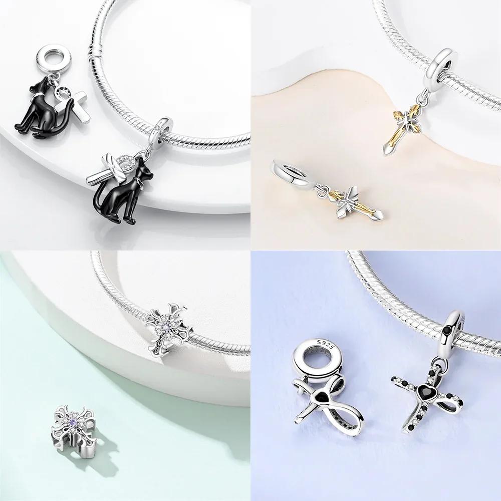 Blue Copper Beads Zircon Sunflower Purple Blue Cross Charms Fit Original Pendant Bracelet Women Jewelry