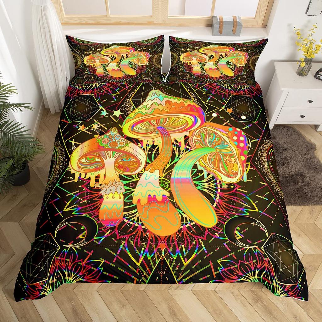 Комплект пододеяльника Queen с грибами, Комплекты постельного белья «Золотая луна и звезды», Психоделическая картина маслом «Мотылек», Планета, Листья, Цветок, Пододеяльник