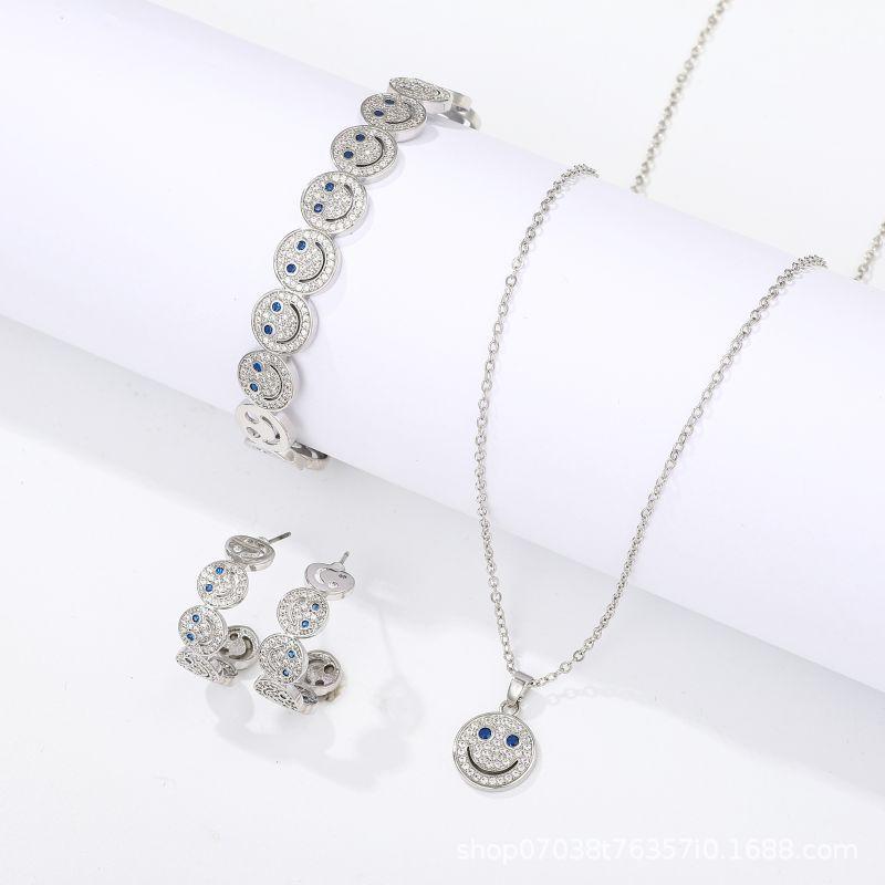 2026 Retro Bracelet Smiley Face Zircon Earrings Necklace Jewelry Set Micro-inlaid Hollow Female Versatile Collarbone Chain