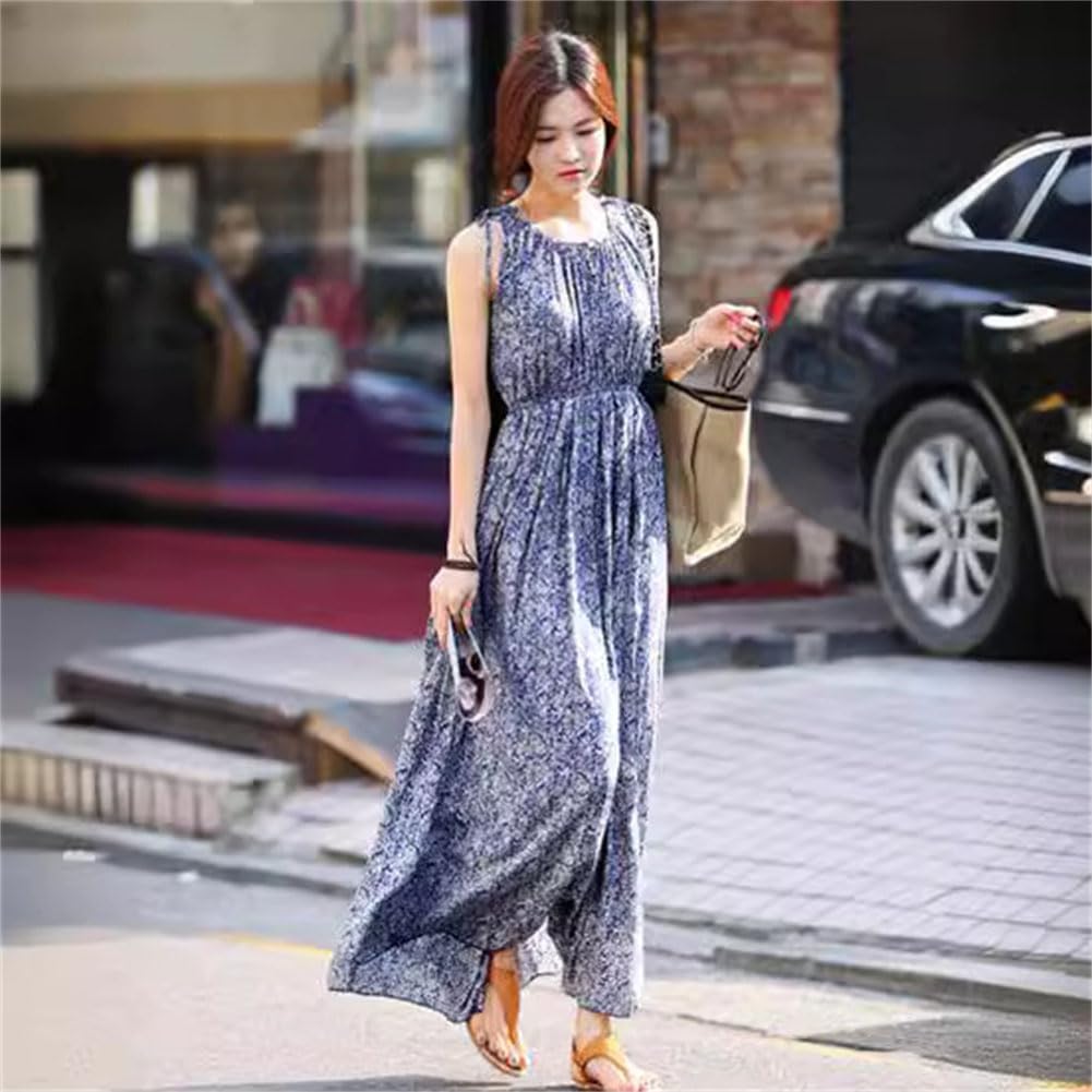 Топ-майка без рукавов с круглым вырезом, длинная цветочная юбка [SDSXZWG] Женская юбка, Хлопок, Принт, А-силуэт, Свободный, Элегантный, Для отпуска, Пляжный, Весна/Лето