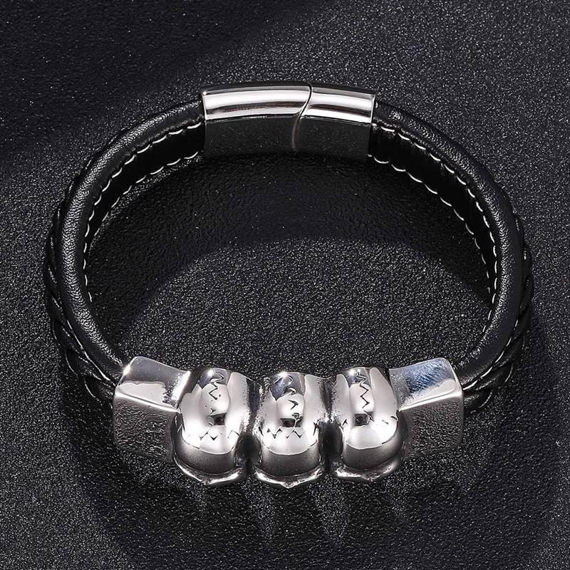 Панк-браслет Череп Скелет Нержавеющая сталь Кожаные браслеты и браслеты Мужские черные плетеные кожаные панк-мужские украшения BB0188