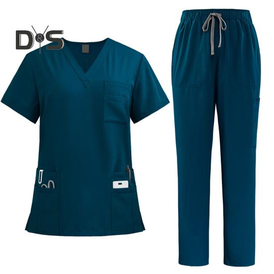 Набор медицинских скрабов, костюм из 2 предметов, функциональные скрабы для медсестер, врачей, топ с v-образным вырезом, брюки для бега, комплект униформы для больничного персонала с 9 карманами