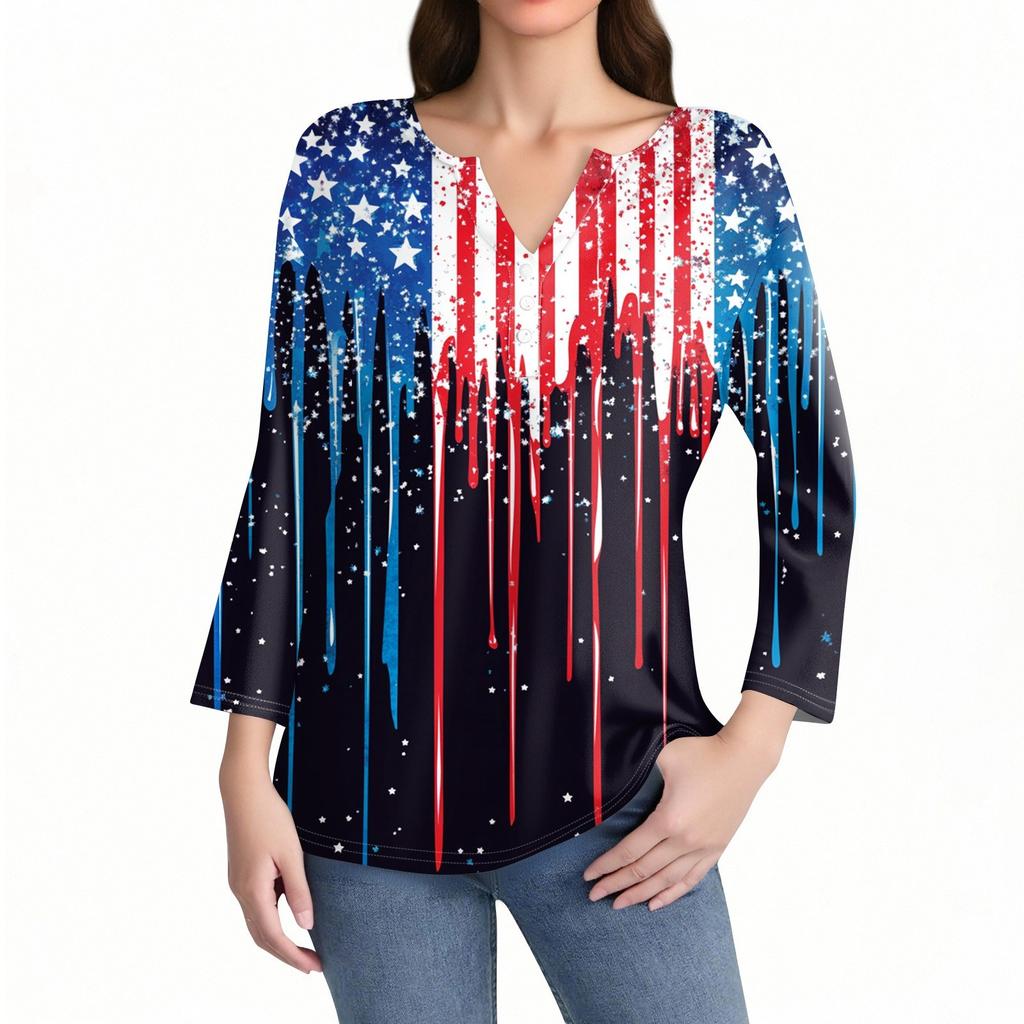 Women's T Shirt Print Button 3/4 Sleeve Daily Weekend Fashion Basic V- Neck Regular Top