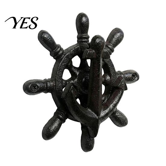 Anchors Door Knocker Black Vintage and Ship's Wheel Front Knocker, Heavy Duty Cast Rudder Iron Handle Decoration for Wooden House Home Garden
