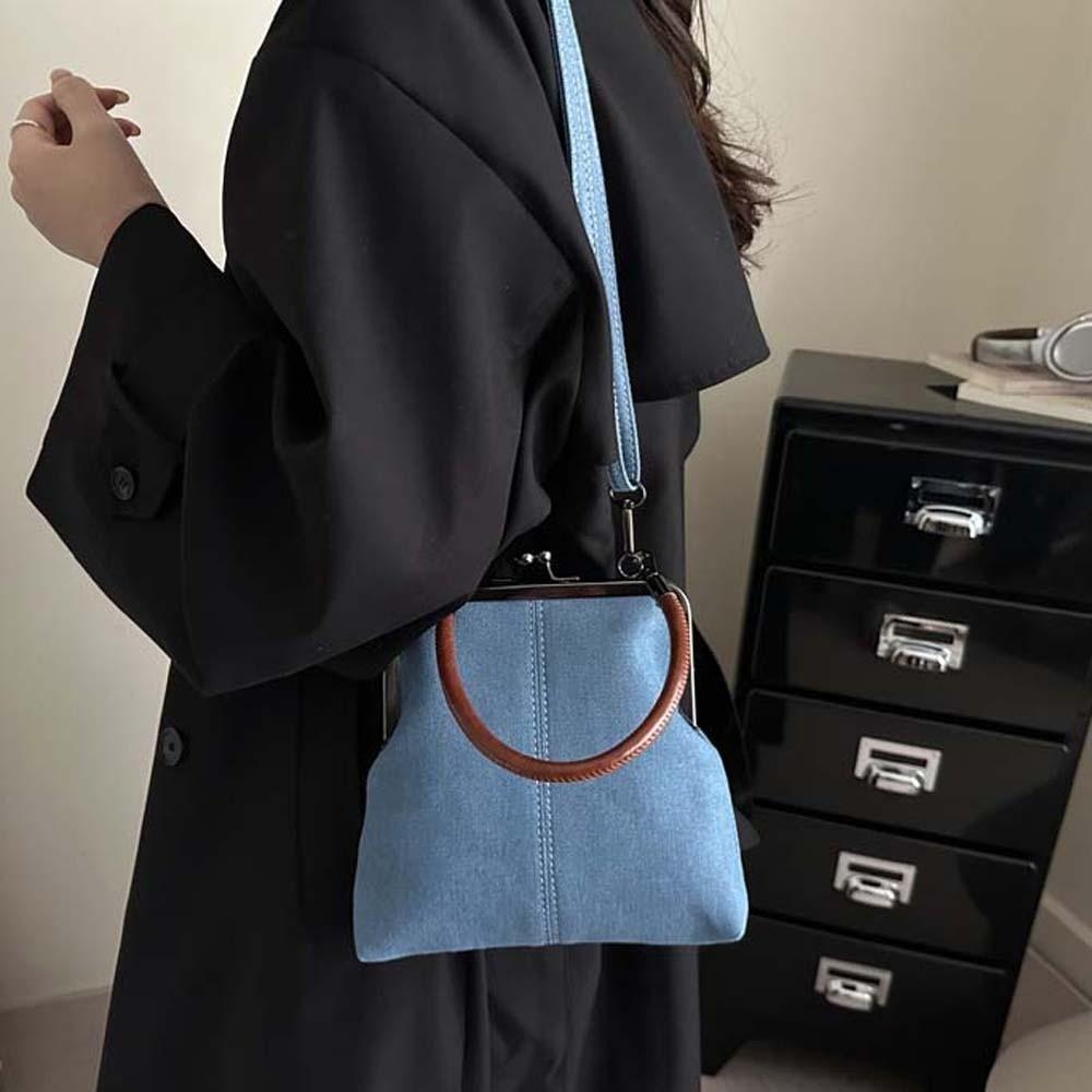 Elegant Kiss Lock Shoulder Bag Solid Color Large Capacity Denim Blue Crossbody Bag Messenger Pouch Purse Vintage Women's Handbag