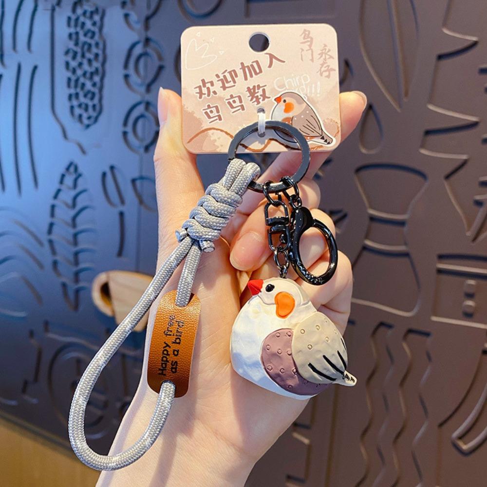 Kawaii Animal Key Ring Cartoon Pearl Bird Keychain Imitation Wood Carving Keychain Kids