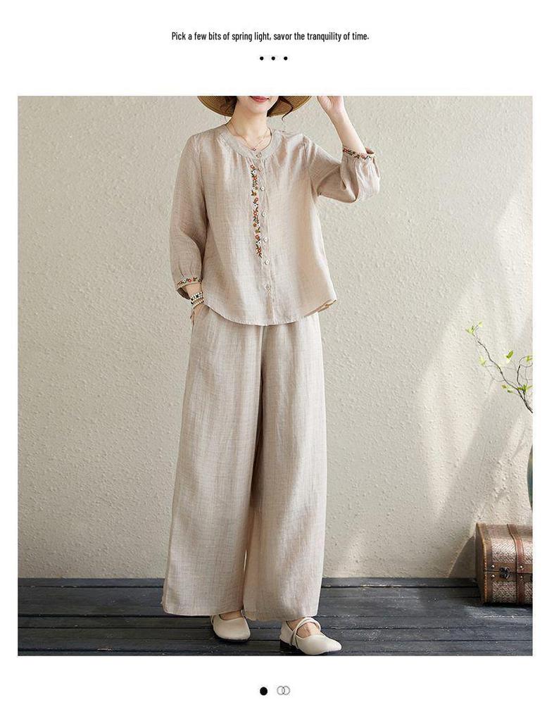 Женский комплект из двух предметов большого размера из хлопка и льна с вышивкой - Весенняя мода