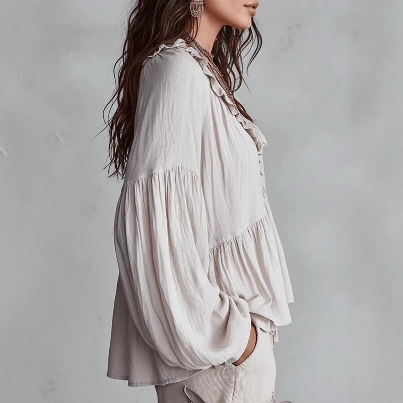 Casual Sweet V Neck Puff Sleeve Pleated Long Sleeve Women Shirt Top