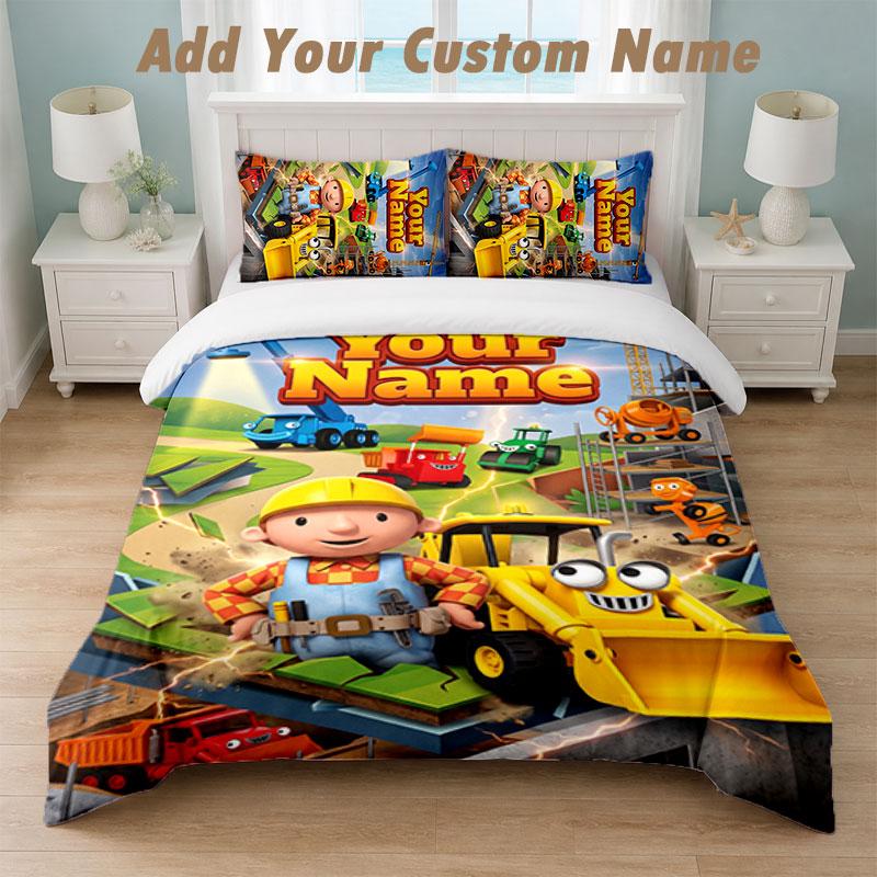 Bedding Set 1 Duvet Cover 2 Pillowcases Bob the Builder Print Soft Bed Linen Bedroom Decor
