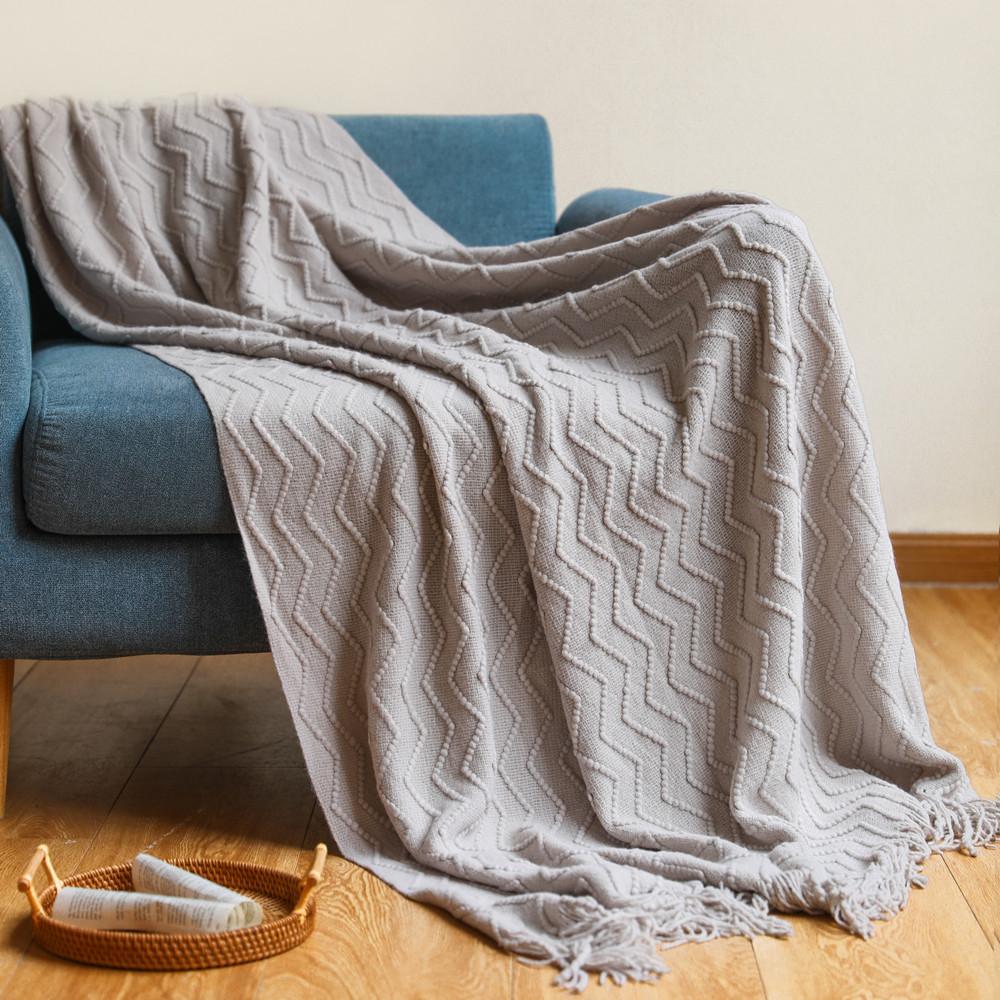 100% Acrylic Khaki Knitted Blanket with Tassel Gift Blanket Bed Sofa Travel Breathable Chic Bohemian Soft Comfortable Blanket