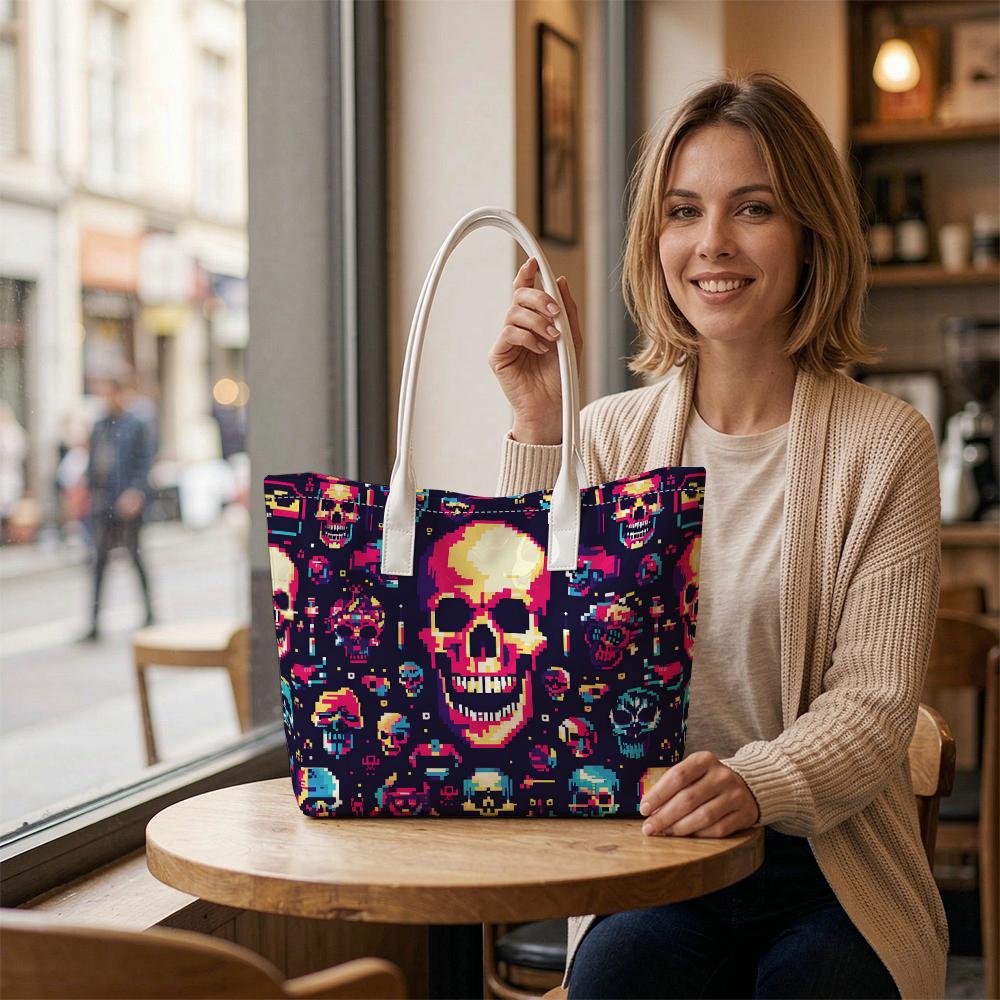 Pixel Skull Printed Tote Bag Trendy Casual Large Capacity Shoulder Bag for Daily Use