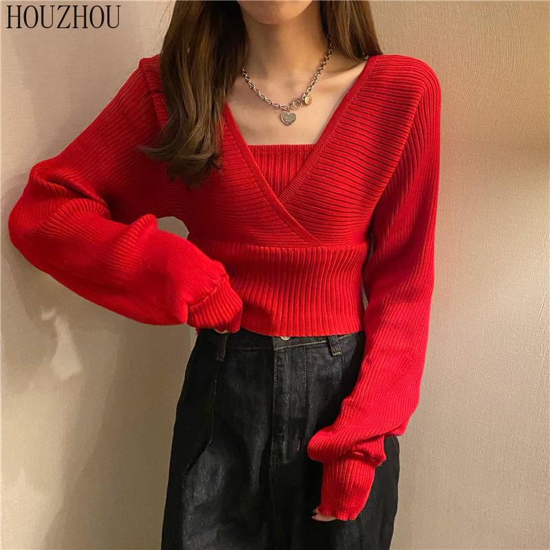 Дизайнерский вязаный свитер, весна-осень, рубашка с квадратным воротником, модный универсальный короткий свитер, топ с объемными рукавами