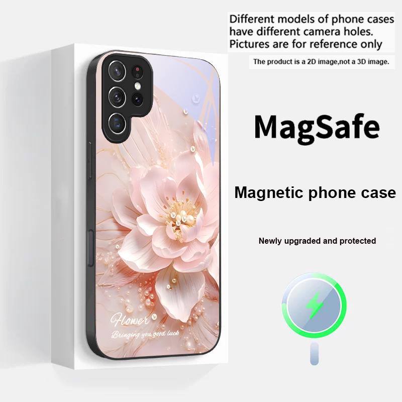 Цветущие синие цветы Для Samsung S25 S25 Edge S25Ultra S8 9 10 20 S21 Pro 22 Plus S23 FE S24 Ultra Magsafe Стеклянный чехол для телефона